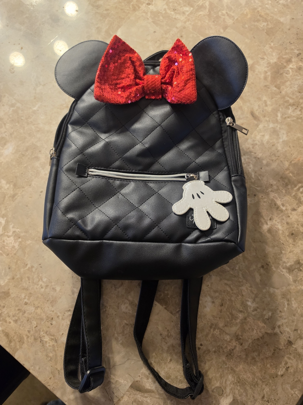 Disney Black Quilted Backpack with Red Sequin Bow